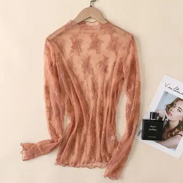 Rust Sheer Lace Long Sleeve Top