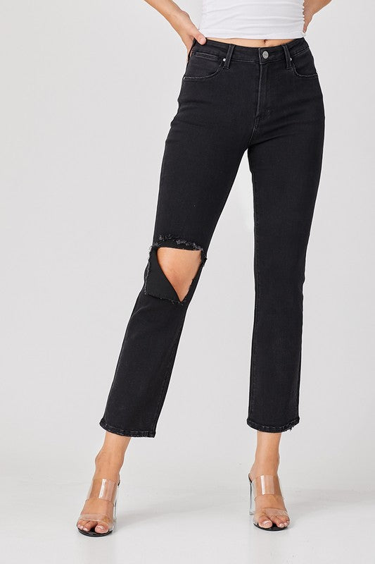 Black High Rise Ankle Straight Distressed Denim