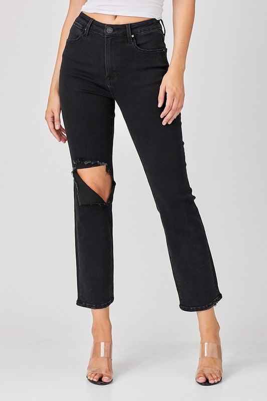 Black High Rise Ankle Straight Distressed Denim