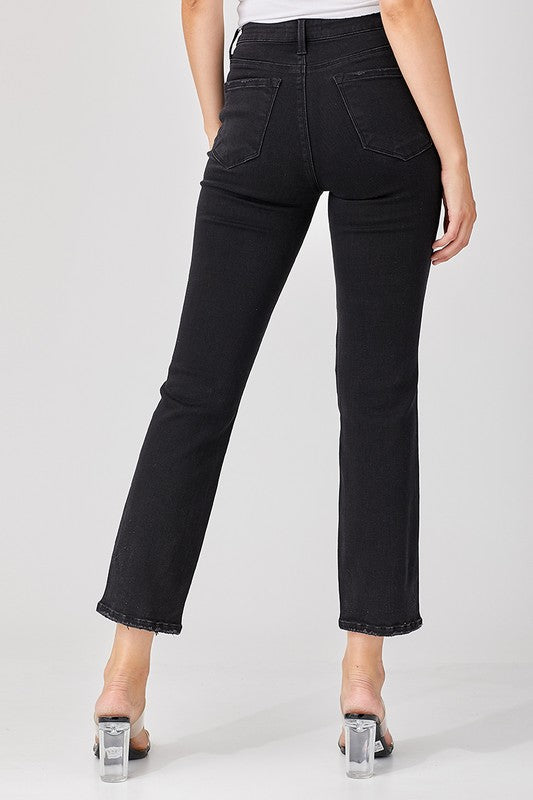 Black High Rise Ankle Straight Distressed Denim