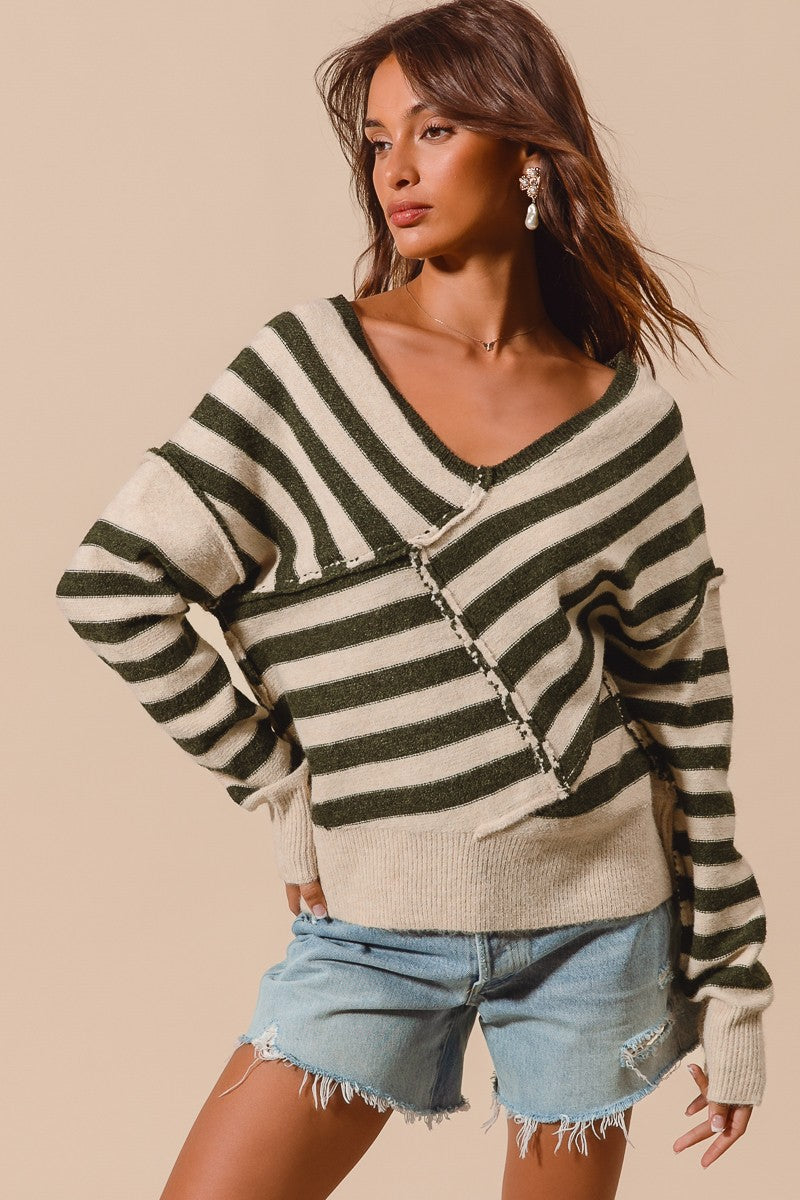 STRIPE CROSS OVERLAPPED SWEATER TOP