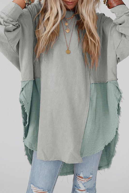 Grey Oversized Gauze Detail Blouse