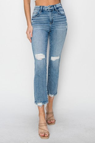 High Rise Distressed Ankle Straight Jeans