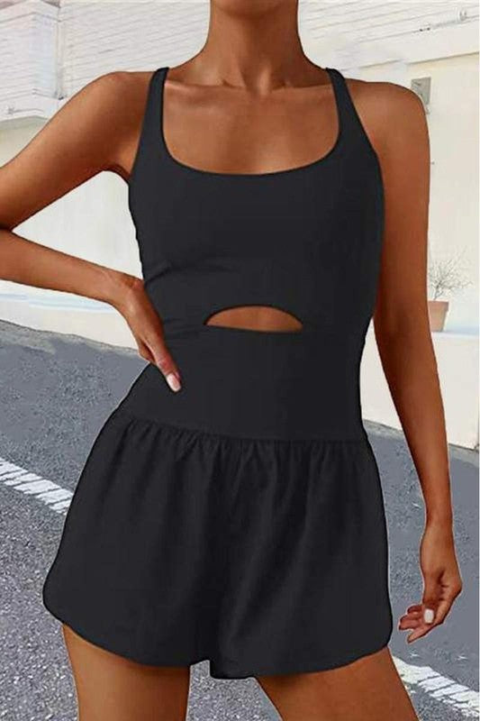 Black Keyhole Tank Workout Romper