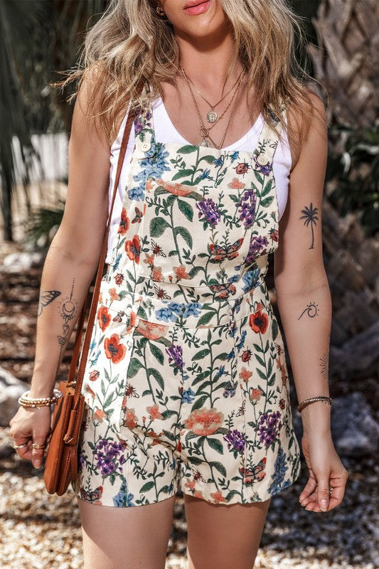 Beige Floral Ribbed Overalls