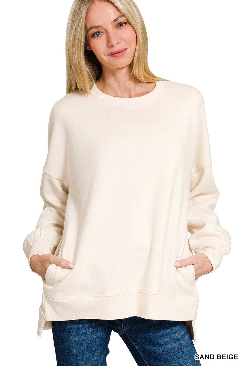 FLEECE HI-LOW BOYFRIEND SWEATSHIRTS WITH POCKETS