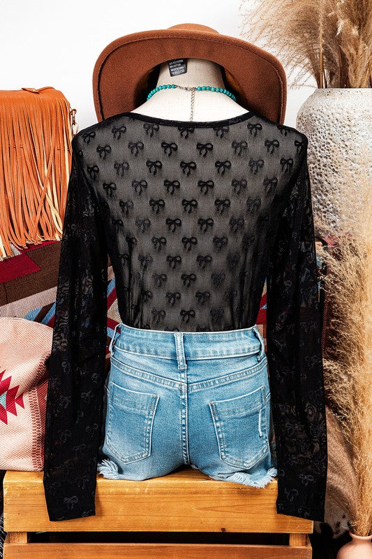 Mesh Bow Pattern Long Sleeve Top