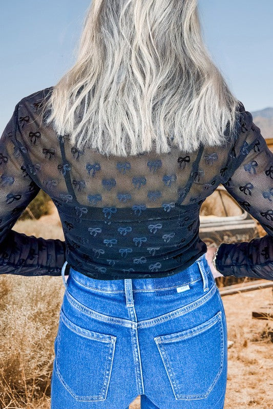 Mesh Bow Pattern Long Sleeve Top