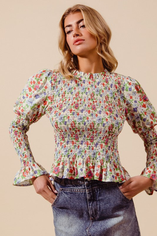 Floral Smocked Long Sleeve With Key Hole Top