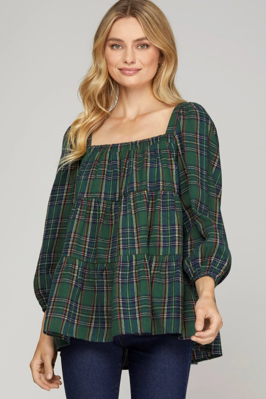 Green Plaid Peplum Top