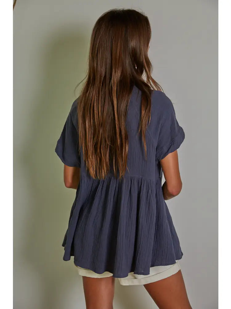 Gauze Cotton V Neck Button Down