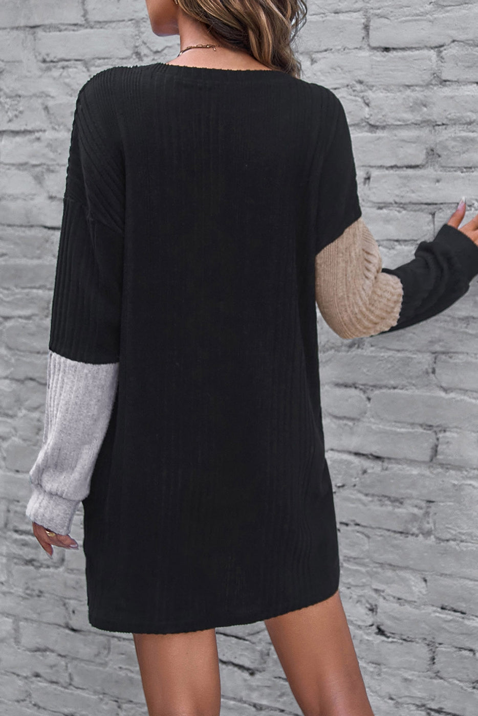 Black Ribbed Color Block Drop Shoulder Mini Dress