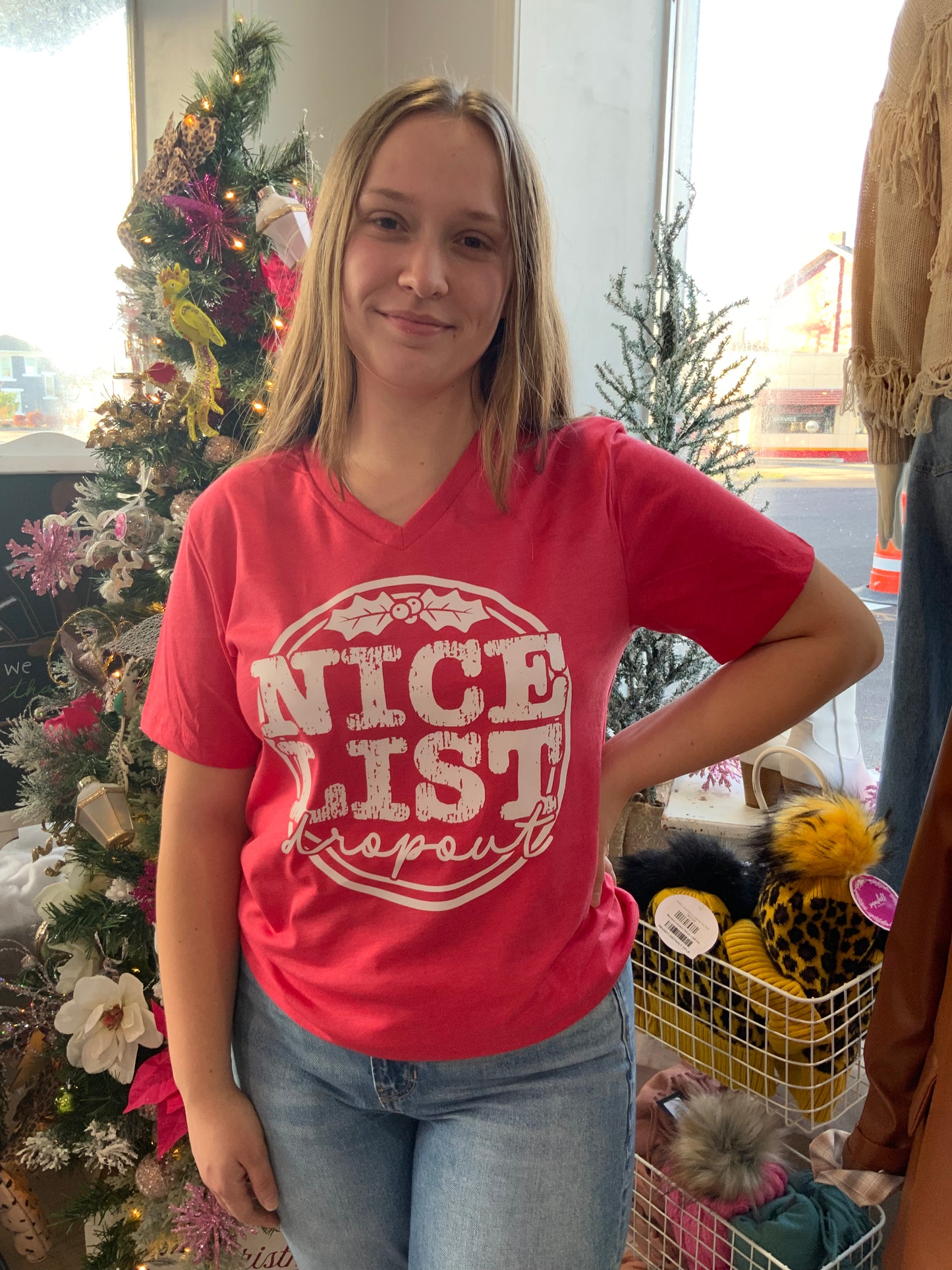 Red "Nice List Dropout" v-neck
