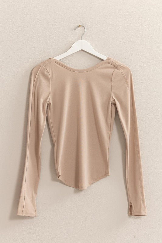 Tan Long Sleeve Top With Low Scoop Back