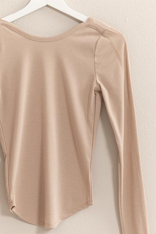 Tan Long Sleeve Top With Low Scoop Back