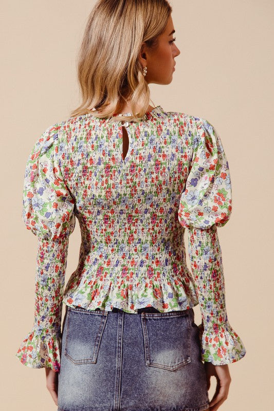 Floral Smocked Long Sleeve With Key Hole Top