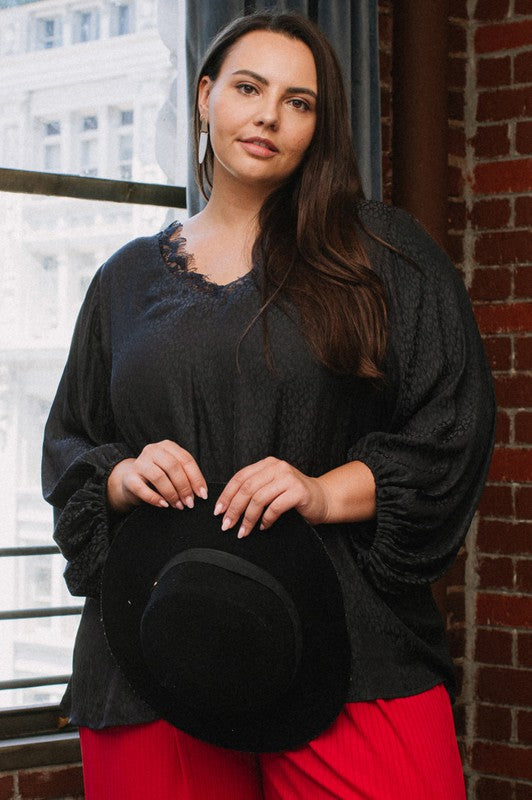 Plus Black Lace V-Neck Leopard Blouse