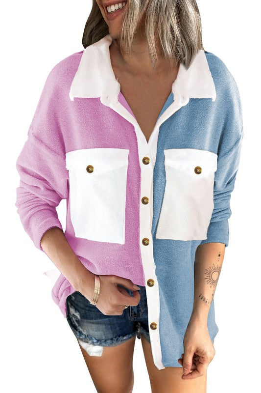 Sky Blue Colorblock Fleece Buttoned Shirt