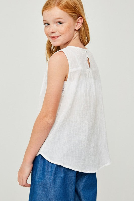 Girls Embroidered Tie-Front Peasant Top