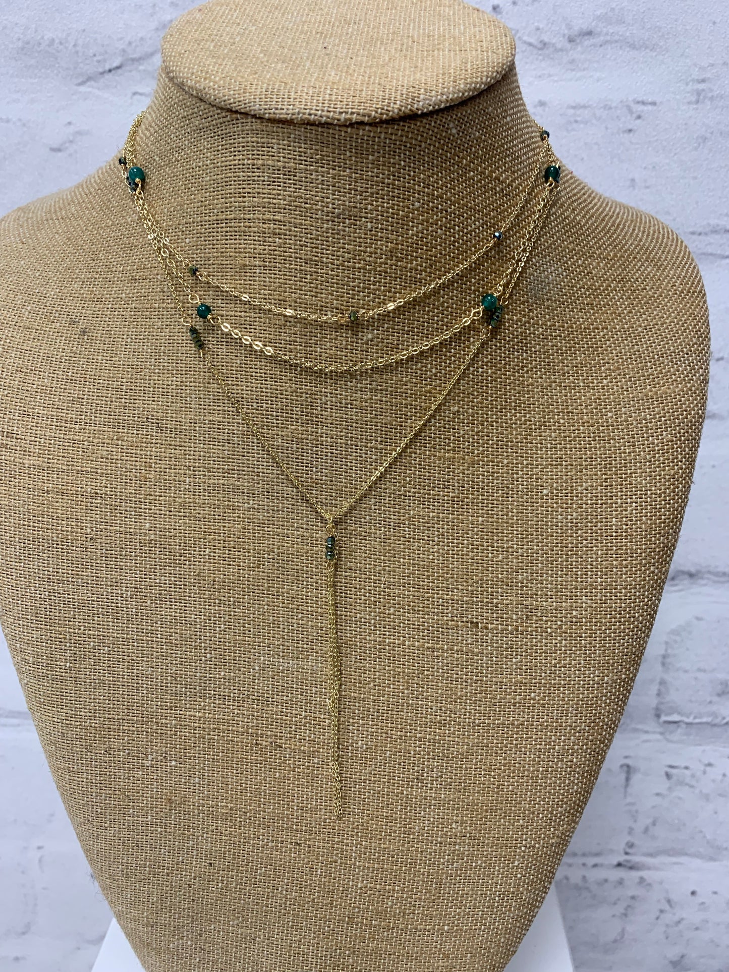 Emerald Bead Triple Layer Lariat Necklace
