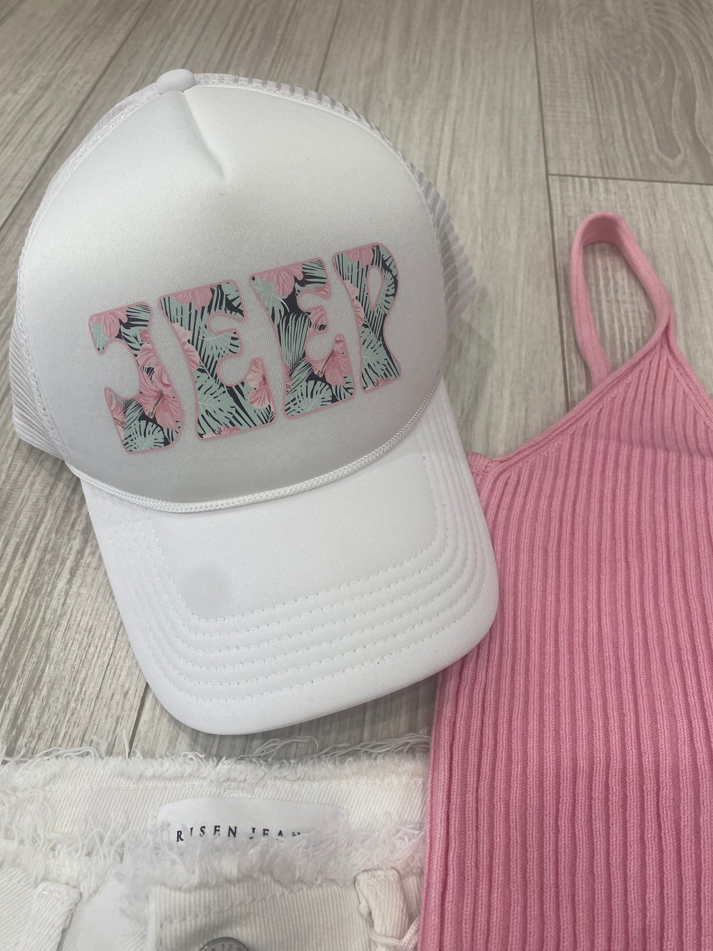 White Tropical Jeep Trucker Hat