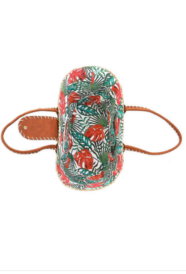 Natural Straw Palm Print Liner, Shoulder Tote Sun N Sand