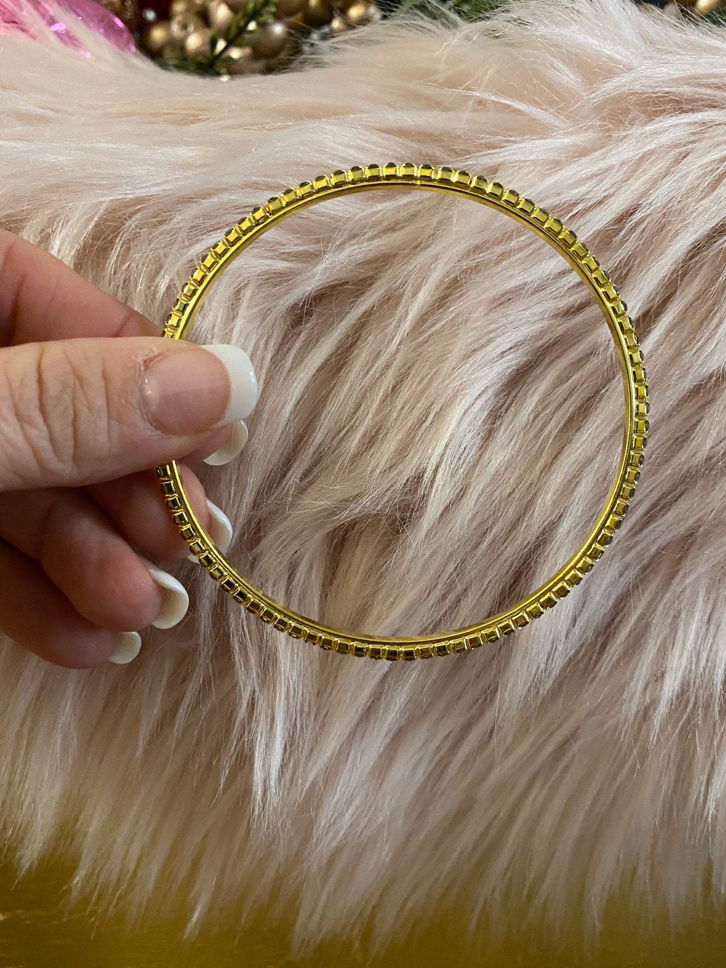 Thin Gold Tone Bangle Bracelet with Gray Crystals