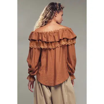 Lace Trim Ruffle Boat Neck Top