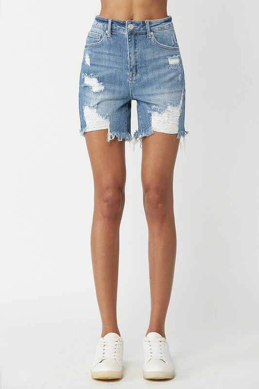Light Wash High Rise Distressed Mid-Thigh Shorts