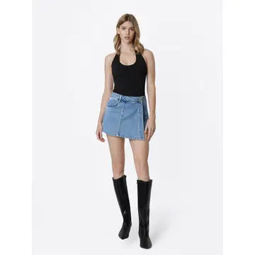 High Rise Medium Wash Denim Wrap Skort
