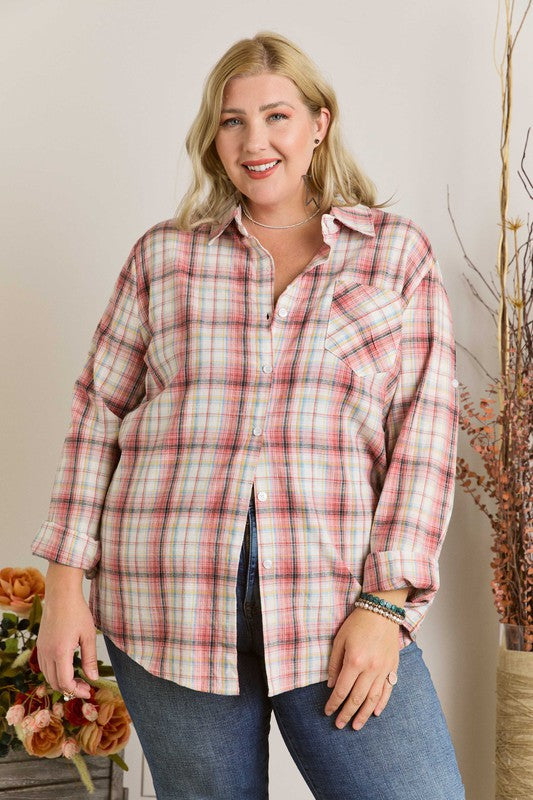 Pink Button Down Plaid Shirt Plus Size