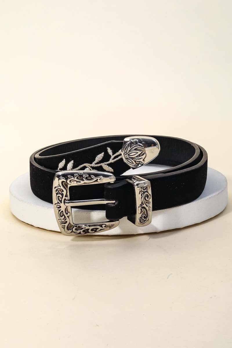 Vine Embroidered Faux Leather Belt