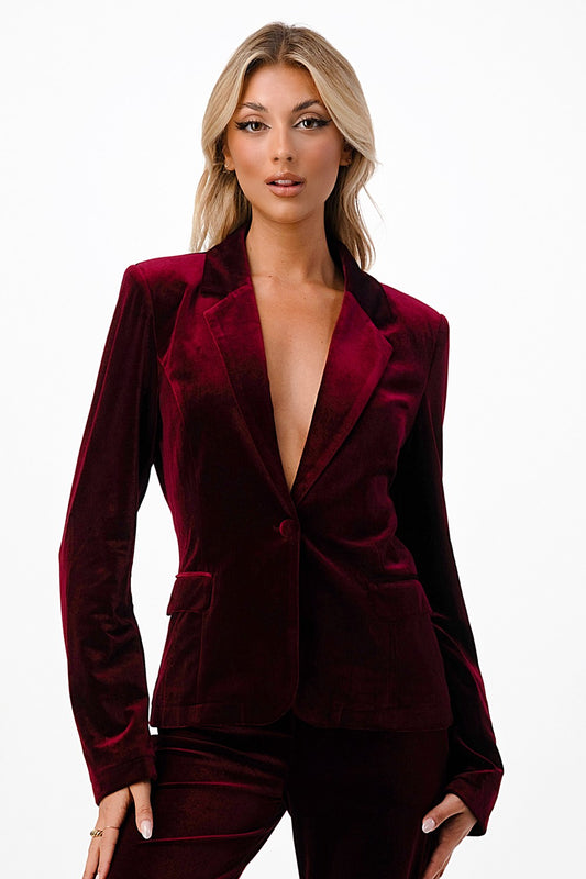 Burgundy Velvet Single Buttoned Blazer