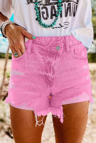 Hot Pink High Rise Crossover Demin Shorts