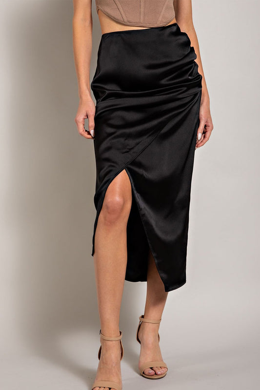 Black Satin Ruched Slit Midi Skirt