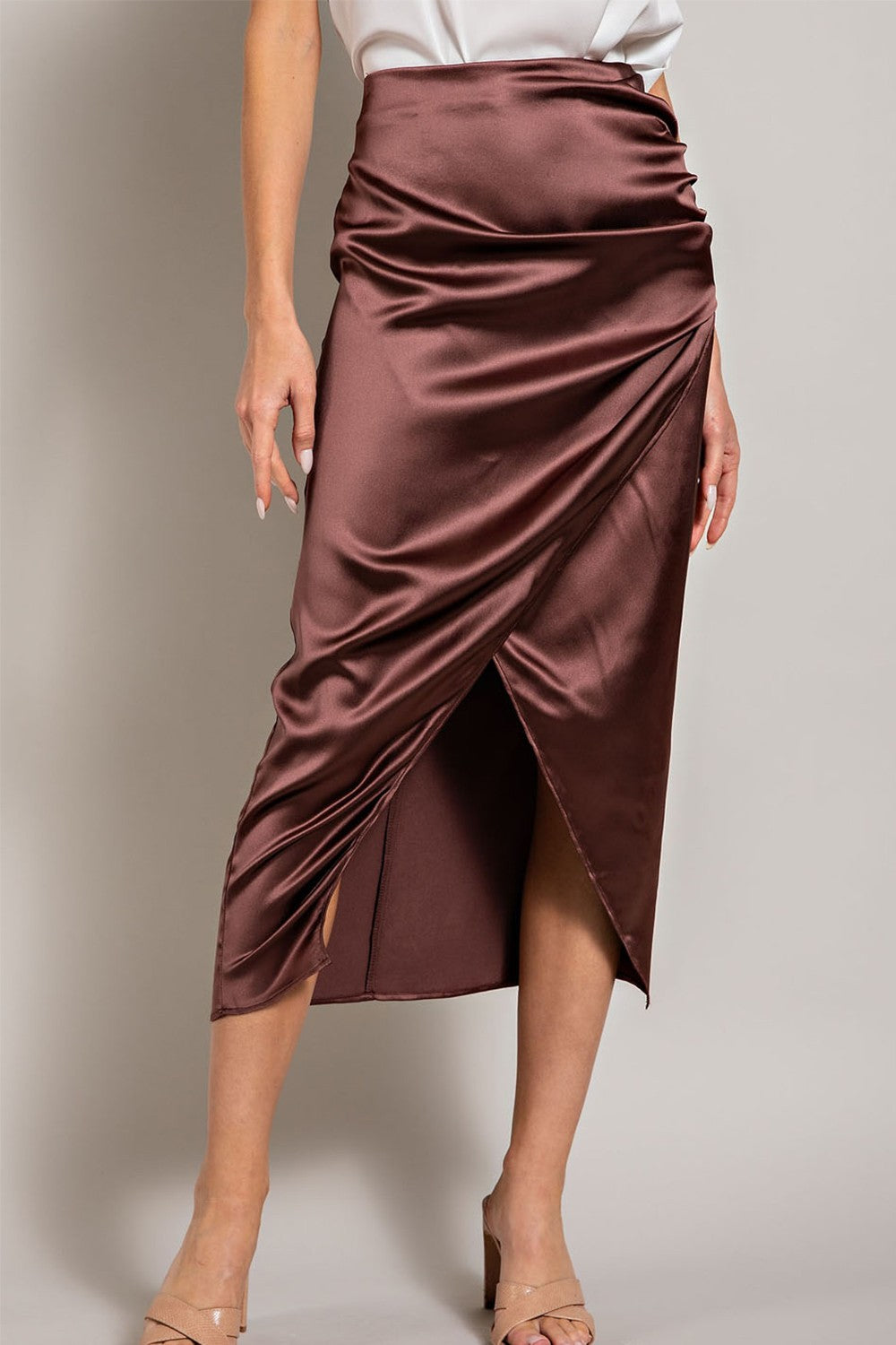 Brown Satin Ruched Slit Midi Skirt