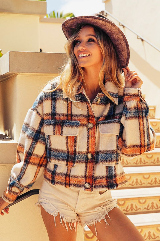 BRUSHED VINTAGE PLAID CROP JACKET WITH POCKET