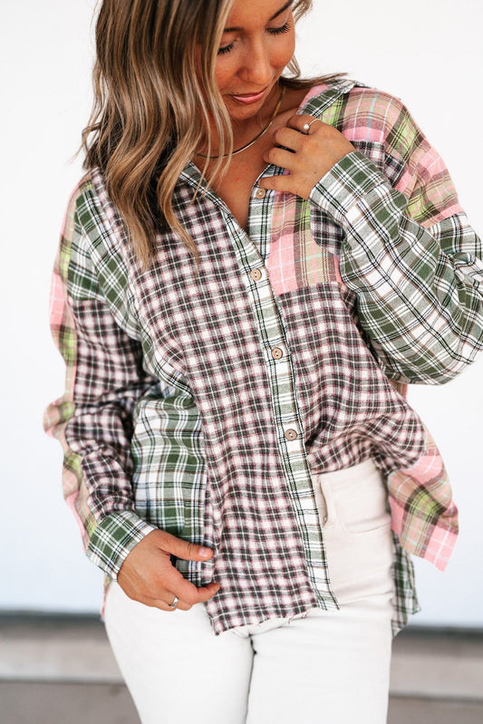 Plaid Patchwork High-Low Button Down
