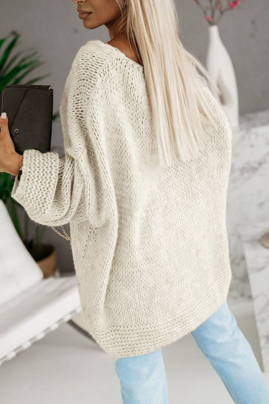 Ivory Loose Knitted V-Neck Sweater