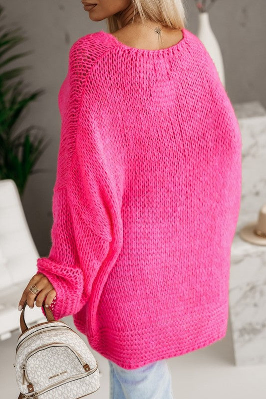 Fuschia Loose Knitted V-Neck Sweater