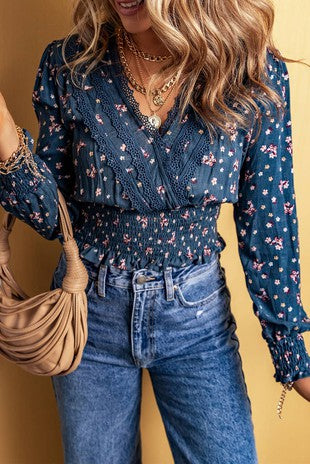 Blue Floral Lace V Neck Long Sleeve Top