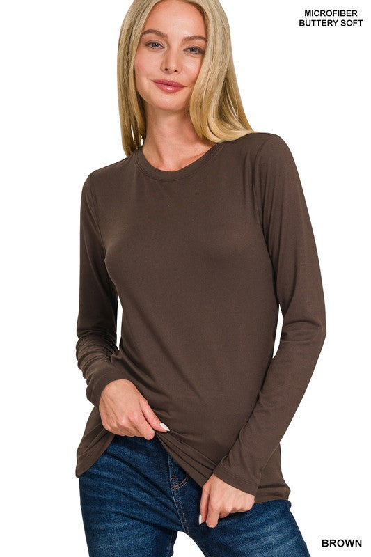 BRUSHED MICROFIBER LONG SLEEVE ROUND NECK TEE BROWN