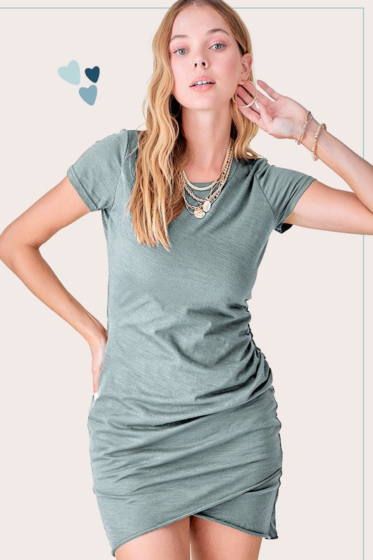 Steel Blue Soft Ruched Short Sleeve Dress