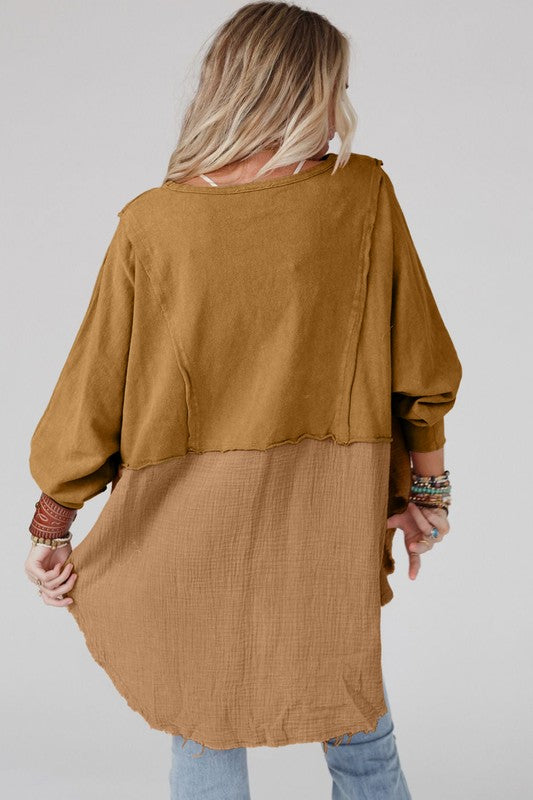 Camel Oversized Gauze Detail Blouse