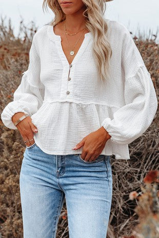 White Peplum Long Sleeve Blouse