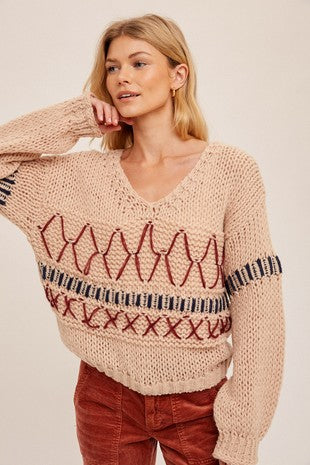 Chunky Yarn Stitch V-Neck Sweater