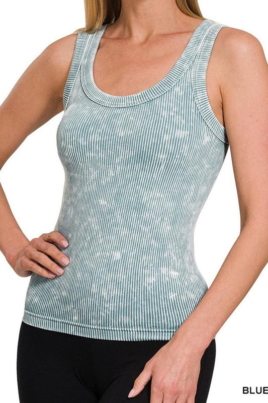 2 Way Neckline Washed Ribbed Tank Grey Blue