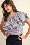 Floral Tile Print Ruffled One Shoulder Top