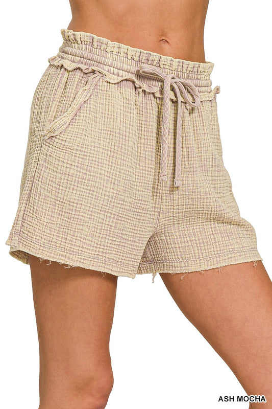 Ash Mocha Washed Gauze Frayed Hem Drawstring Shorts