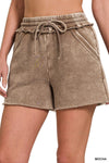 Mocha Acid Washed Fleece Drawstring Shorts